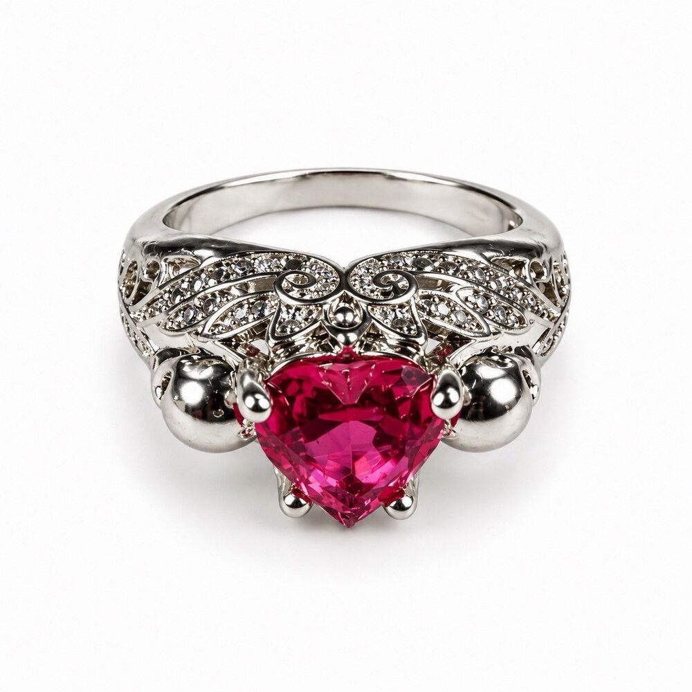 Pink Heart Stone Silver Tone Filigree Statement Ring Size